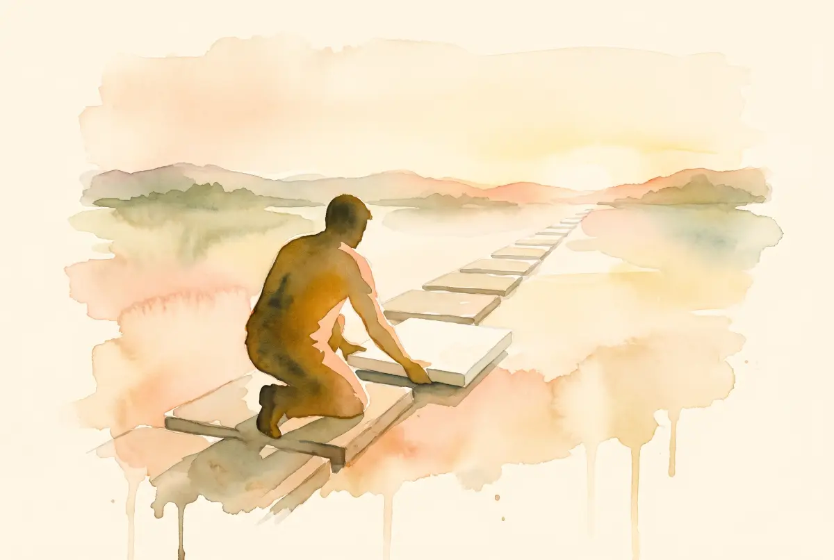 Watercolor cover of Chapter 0: a man laying stone slabs into a path across open ground.