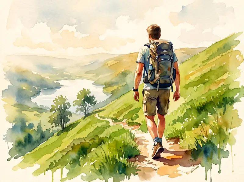 A summer path going downhill: the same man with the backpack walks down a green slope, a lake and trees by the water below.