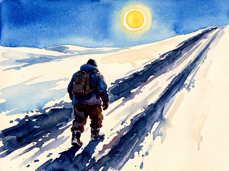 A winter road climbing a hill: a man with a backpack walks up the packed snow, blue shadows across it, a yellow sun in the blue sky.