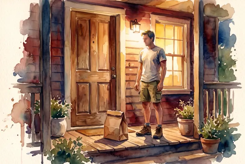 Watercolor: a paper delivery bag on a warm-lit porch, a man stepping out to pick it up.