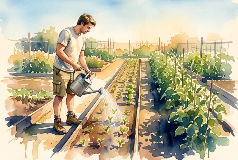 Watercolor: in a vegetable garden the man waters a long bed — tiny sprouts near him, taller and fuller plants toward the far end.
