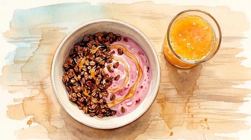 Watercolor: a bowl of granola with pink fruit yogurt and a drizzle of honey, a glass of orange juice beside it, seen from above.