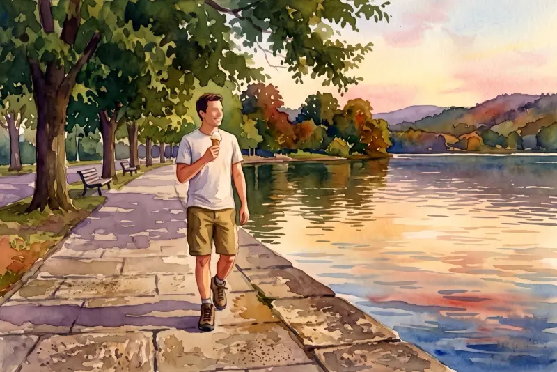 Watercolor: a summer evening on a lakeside promenade, the man walks with an ice cream cone and smiles.