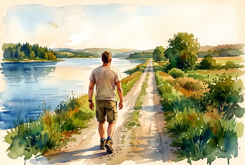 Watercolor: past the slope the road runs level along a lake to the horizon, and the man walks it with an easy, light step.