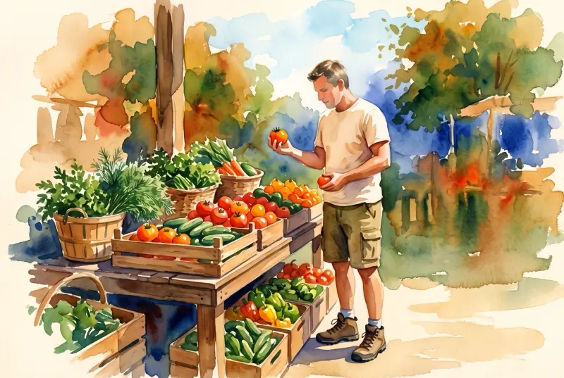 Watercolor: at an open-air farmers market the man picks tomatoes from crates of vegetables and greens.