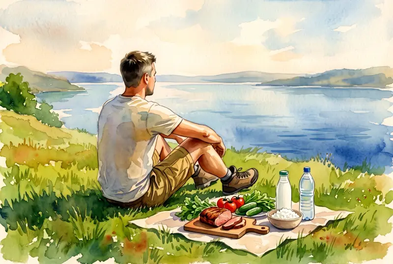 Watercolor: the man sits on a summer slope above a lake, a picnic cloth in front of him with meat, tomatoes, cucumbers, greens, cottage cheese, kefir and water — full and in no hurry.