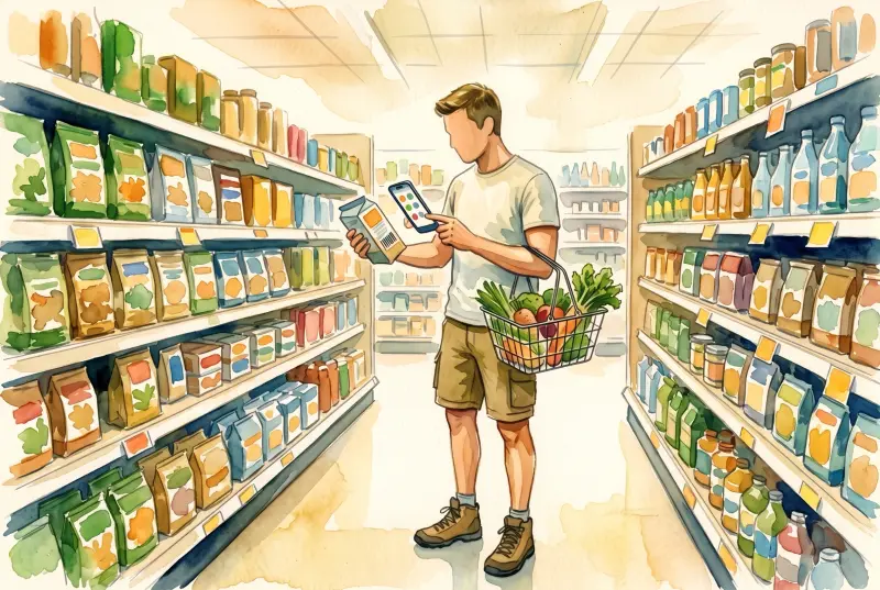 Watercolor: in a grocery aisle the man points his phone at the barcode of a package, a basket of vegetables on his arm.