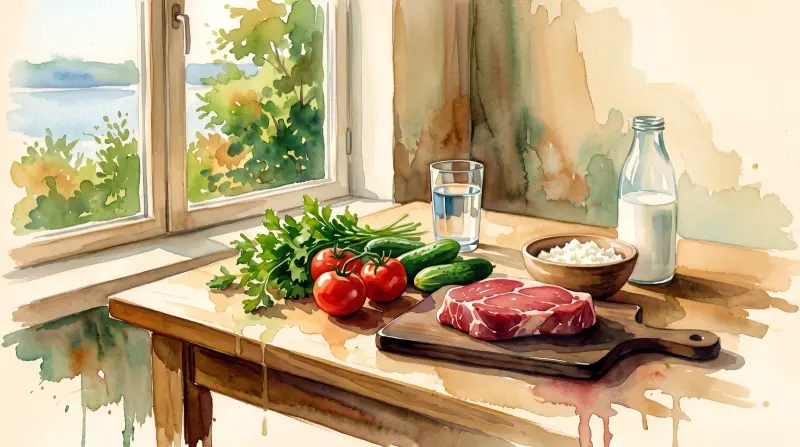 Watercolor: a kitchen table by the window in the morning — a glass of water, meat on a cutting board, tomatoes, cucumbers and greens, a bowl of cottage cheese and a bottle of kefir.