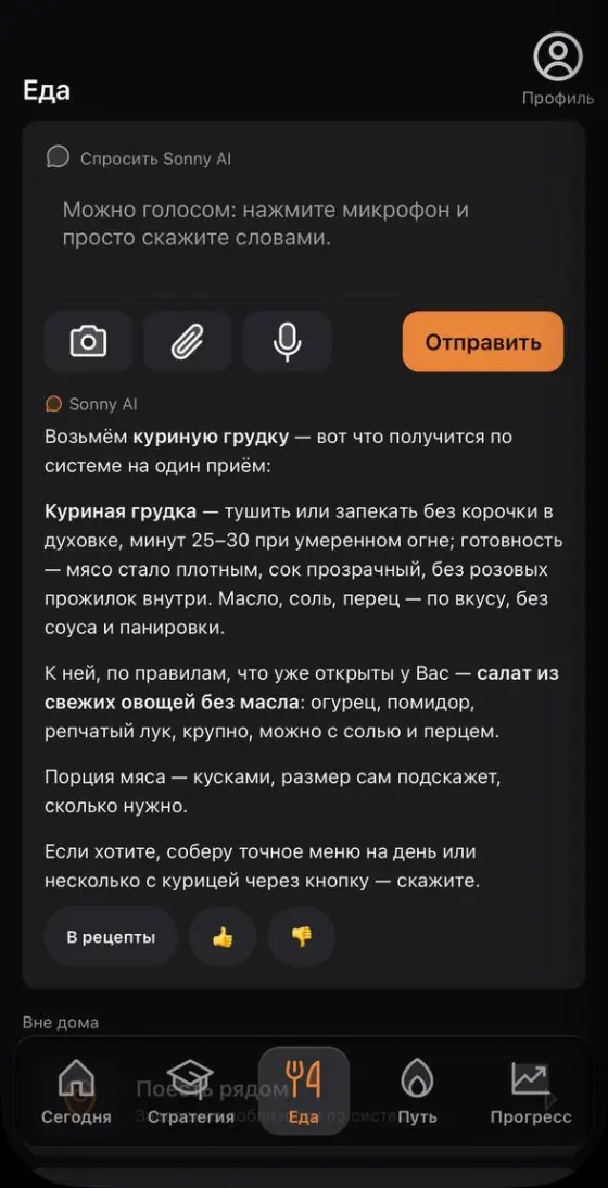 Вкладка «Еда»: поле вопроса с кнопками камеры, вложения и микрофона и ответ Sonny про куриную грудку с кнопками под ним.